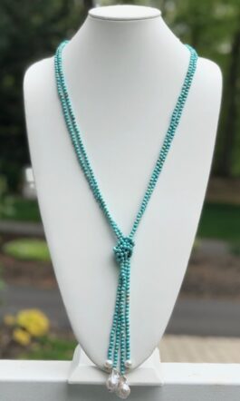 LINA LARIAT,  FRESHWATER, BAROQUE PEARLS, TURQUOISE