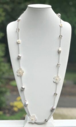 FLORAL MOTHER OF PEARL, FRESHWATER PEARLS, CRYSTALS