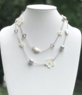 FLORAL MOTHER OF PEARL, FRESHWATER PEARLS, CRYSTALS