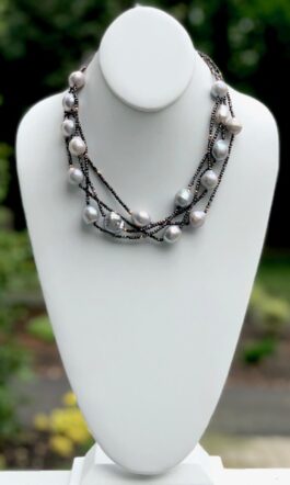 CHARCOAL CRYSTALS, SILVER BAROQUE PEARLS