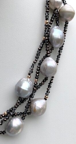 CHARCOAL CRYSTALS, SILVER BAROQUE PEARLS