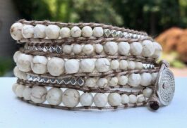 WRAP BRACELET, HAMMERED ZINC BUTTON, SEMIPRECIOUS STONES