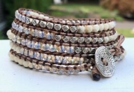 WRAP BRACELET, HAMMERED ZINC BUTTON, SEMIPRECIOUS STONES