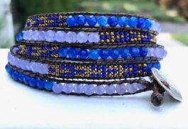 WRAP BRACELET, HAMMERED ZINC BUTTON, SEMIPRECIOUS STONES