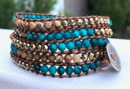 WRAP BRACELET, HAMMERED ZINC BUTTON, SEMIPRECIOUS STONES