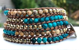 WRAP BRACELET, HAMMERED ZINC BUTTON, SEMIPRECIOUS STONES