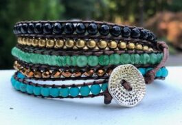 WRAP BRACELET, HAMMERED ZINC BUTTON, SEMIPRECIOUS STONES
