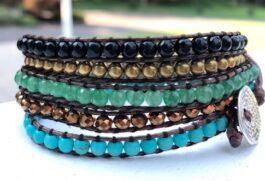 WRAP BRACELET, HAMMERED ZINC BUTTON, SEMIPRECIOUS STONES
