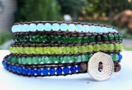 WRAP BRACELET, SEMIPRECIOUS STONES, HAMMERED ZINC BUTTON