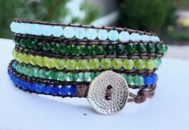 WRAP BRACELET, SEMIPRECIOUS STONES, HAMMERED ZINC BUTTON