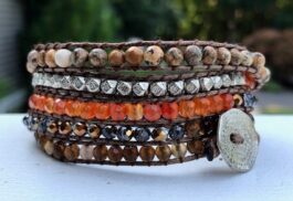 WRAP BRACELET, HAMMERED ZINC BUTTON, SEMIPRECIOUS STONES