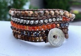 WRAP BRACELET, HAMMERED ZINC BUTTON, SEMIPRECIOUS STONES