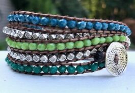 WRAP BRACELET, HAMMERED ZINC BUTTON, SEMIPRECIOUS STONES