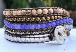 WRAP BRACELET, HAMMERED ZINC BUTTON, SEMIPRECIOUS STONES