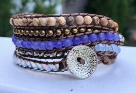 WRAP BRACELET, HAMMERED ZINC BUTTON, SEMIPRECIOUS STONES