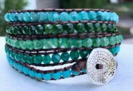 WRAP BRACELET, HAMMERED ZINC BUTTON, SEMIPRECIOUS STONES