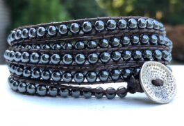 WRAP BRACELET, HEMATITE STONES, HAMMERED ZINC BUTTON