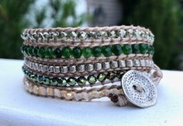WRAP BRACELET, HAMMERED ZINC BUTTON, SEMIPRECIOUS STONES