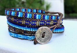 WRAP BRACELET, SEED BEADS, HAMMERED ZINC BUTTON