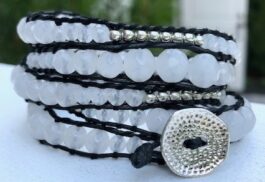 WRAP BRACELET, WHITE JADE, HAMMERED ZINC BUTTON