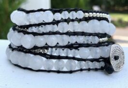 WRAP BRACELET, WHITE JADE, HAMMERED ZINC BUTTON