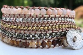 WRAP BRACELET, SEMIPRECIOUS STONES, HAMMERED ZINC BUTTON