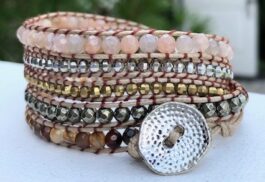 WRAP BRACELET, SEMIPRECIOUS STONES, HAMMERED ZINC BUTTON