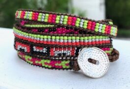WRAP BRACELET, SEED BEADS, HAMMERED ZINC BUTTON