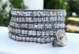 WRAP BRACELET, SEMIPRECIOUS STONES, HAMMERED ZINC BUTTON