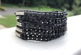 WRAP BRACELET, SEMIPRECIOUS STONES, HAMMERED ZINC BUTTON