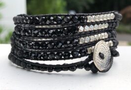 WRAP BRACELET, SEMIPRECIOUS STONES, HAMMERED ZINC BUTTON