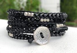 WRAP BRACELET, SEMIPRECIOUS STONES, HAMMERED ZINC BUTTON
