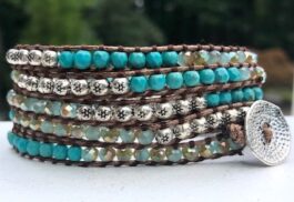 WRAP BRACELET, SEMIPRECIOUS STONES, HAMMERED ZINC BUTTON