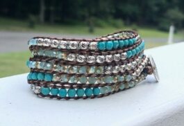 WRAP BRACELET, SEMIPRECIOUS STONES, HAMMERED ZINC BUTTON
