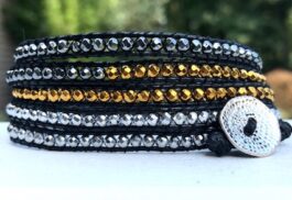 WRAP BRACELET, “HEAVY METAL”, HAMMERED ZINC BUTTON