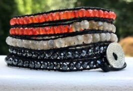 WRAP BRACELET, SEMIPRECIOUS STONES, HAMMERED ZINC BUTTON
