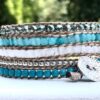 wrap, wraps around wrist, silver, turquoise, blue, clear, hammered button, adjustable, handcrafted, takes 2-4 hours to make, semiprecious stone, waxed cord, designer inspired, spring, summer