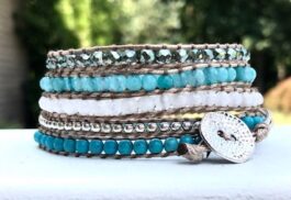 WRAP BRACELET, SEMIPRECIOUS STONES, HAMMERED ZINC BUTTON