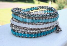 WRAP BRACELET, SEMIPRECIOUS STONES, HAMMERED ZINC BUTTON