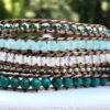 wrap, wraps around wrist, silver, turquoise, light blue, clear, hammered button, adjustable, handcrafted, takes 2-4 hours to make, semiprecious stone, waxed cord, designer inspired, spring, summer