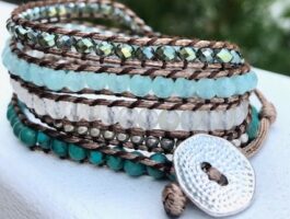 WRAP BRACELET, SEMIPRECIOUS STONES, HAMMERED ZINC BUTTON
