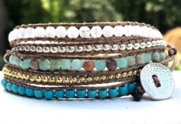WRAP BRACELET, SEMIPRECIOUS STONES, HAMMERED ZINC BUTTON