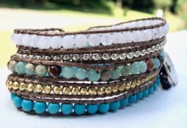 WRAP BRACELET, SEMIPRECIOUS STONES, HAMMERED ZINC BUTTON
