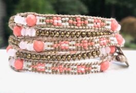 WRAP BRACELET, “CORAL”, SEMIPRECIOUS STONES, HAMMERED ZINC BUTTON