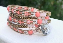WRAP BRACELET, “CORAL”, SEMIPRECIOUS STONES, HAMMERED ZINC BUTTON