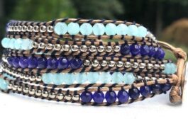 WRAP BRACELET, SEMIPRECIOUS STONES, HAMMERED ZINC BUTTON