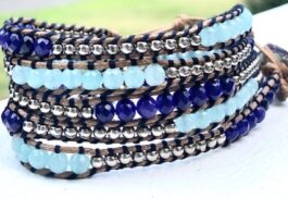 WRAP BRACELET, SEMIPRECIOUS STONES, HAMMERED ZINC BUTTON