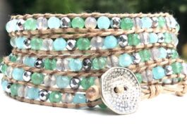 WRAP BRACELET, SEMIPRECIOUS STONES, HAMMERED ZINC BUTTON