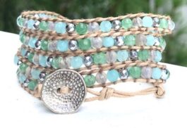 WRAP BRACELET, SEMIPRECIOUS STONES, HAMMERED ZINC BUTTON