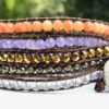wrap, wraps around wrist, orange, lavender, gold, pyrite, clear, zinc, hammered button, adjustable, handcrafted, takes 2-4 hours to make, semiprecious stones